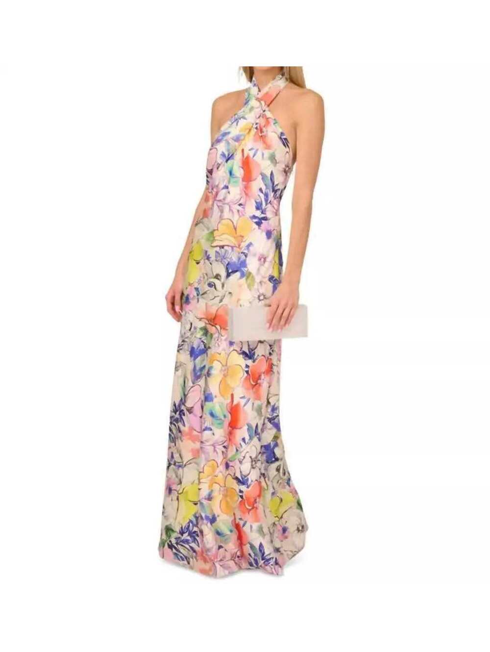 Adrianna Papell Printed Crossover Neck Satin Gown Ivory Multi sz 14 NWT Floral